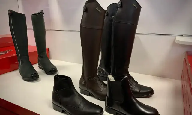 Eleganckie buty do jazdy konnej, znane jako oficerki, prezentowane w różnych stylach i kolorach.