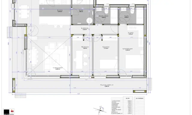 Plano de vivienda unifamiliar con distribución de estancias: salón-comedor, cocina, dormitorios, baños, despacho y porche. Un ejemplo de diseño para una casa passivhaus que es eficiente energéticamente.
