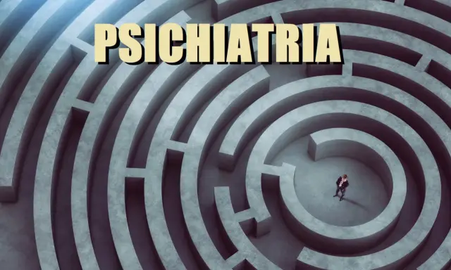 Un uomo d'affari in un labirinto di cemento, con la parola "Psichiatria" in alto. Un'immagine che evoca il pensiero tangenziale e la complessità della mente.