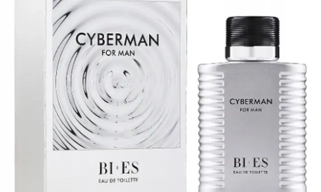 Perfumy męskie Bi-es Cyberman w srebrnym flakonie i pudełku z motywem fal.
