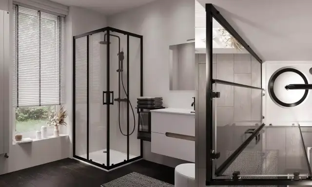 Bagno piccolo con doccia 2 mq, moderno e funzionale, con box nero, lavabo sospeso e finestra con tende a lamelle.