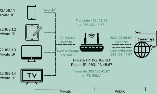Netzwerkdiagramm zeigt, wie private IPs (z.B. 192.168.1.1) über einen Router in eine öffentliche IP (203.123.45.67) übersetzt werden. Ist die IP-Adresse immer gleich? Nein, die öffentliche IP ist für alle Geräte gleich, die private IP ist individuell.