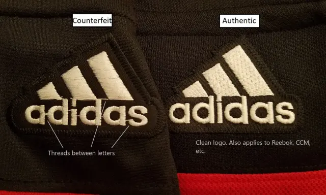 Porównanie: po lewej podróbka, po prawej oryginalny znaczek adidas. Widać różnice w wykonaniu haftu.
