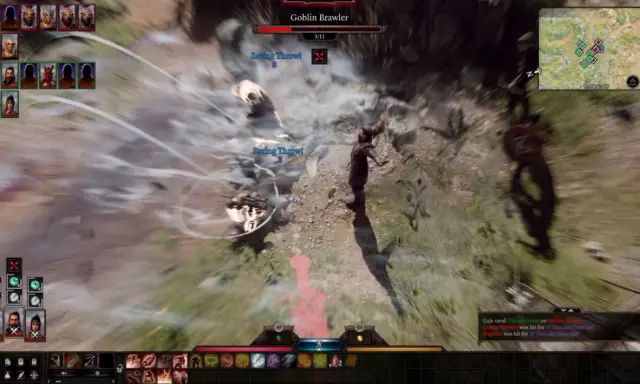 Combate en Baldur's Gate 3. Los requisitos del juego son altos, pero la acción vale la pena. ¡Un brawler goblin recibe daño!