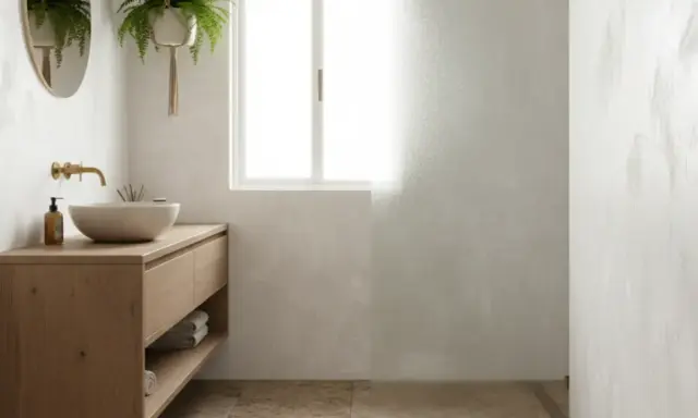 Salle de bain moderne avec meuble en bois, vasque en pierre et murs à l'effet peinture à la chaux subtil.