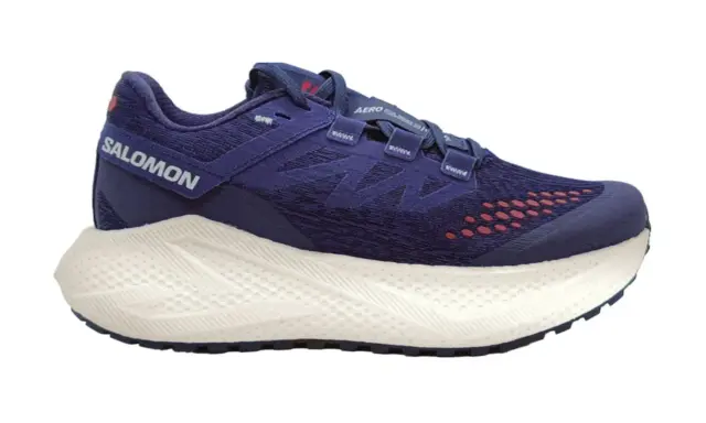 Granatowe buty Salomon Aero Glide 3 z białą podeszwą, idealne do biegania.