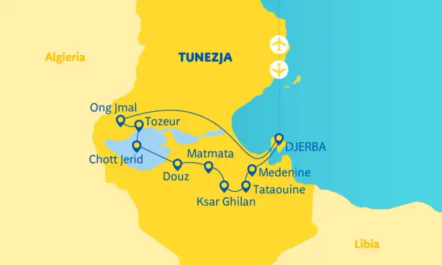 Mapa Tunezji z zaznaczonymi atrakcjami: Tozeur, Douz, Matmata, Ksar Ghilan, Medenine, Tataouine i wyspą Djerba. Gdzie jest Djerba? Na wschodnim wybrzeżu Tunezji.