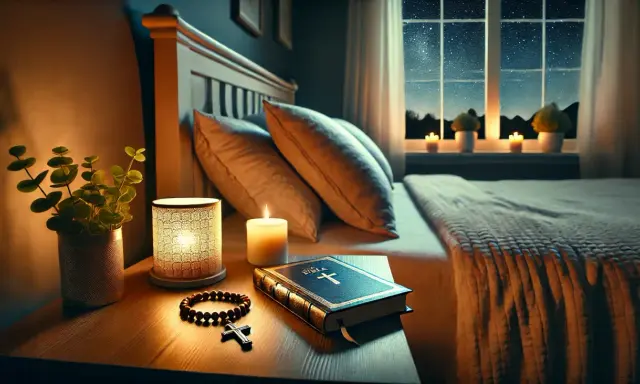 Na stoliku nocnym przy łóżku leży Biblia, różaniec i świeca. Gwiaździste niebo za oknem sprzyja wieczornej modlitwie.