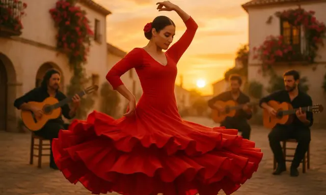 Tancerka w czerwonej sukni wiruje w rytm muzyki granej przez gitarzystów. Magiczny wieczór pełen pasji flamenco.