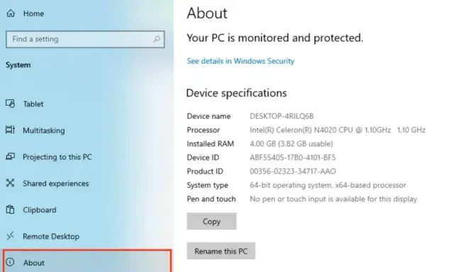 Jak sprawdzić podzespoły komputera? Widok "Informacje" w Ustawieniach Windows pokazuje specyfikacje urządzenia: procesor Intel Celeron, 4 GB RAM.