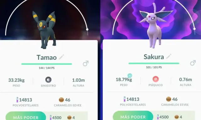 Umbreon y Espeon de Pokémon GO, con sus estadísticas y nombres.