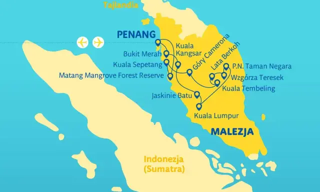Mapa pokazuje, gdzie leży Malezja, z zaznaczonymi trasami podróży przez Penang, Kuala Lumpur i parki narodowe.