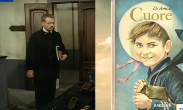 Un uomo in abito scuro tiene un libro, forse un riassunto di tutti i capitoli del libro Cuore di De Amicis, la cui copertina è visibile a destra.