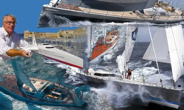 Gilles Vaton, architecte naval, présente ses créations : voiliers de luxe, bateaux futuristes et navires de course en pleine mer.