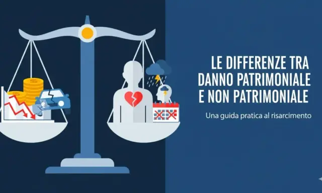 Bilancia che confronta danno patrimoniale (auto distrutta, soldi in calo) e danno non patrimoniale (cuore spezzato, stress, tempo perso).