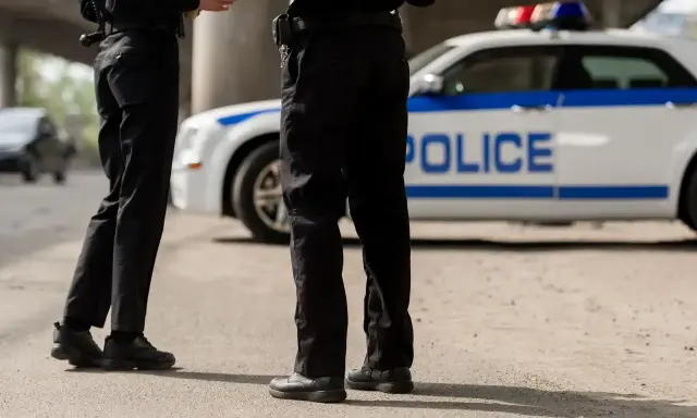 Dwóch policjantów stoi obok radiowozu.