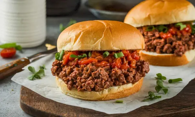 Zwei saftige Sloppy Joes auf einem Holzbrett, garniert mit Frühlingszwiebeln und Tomaten.