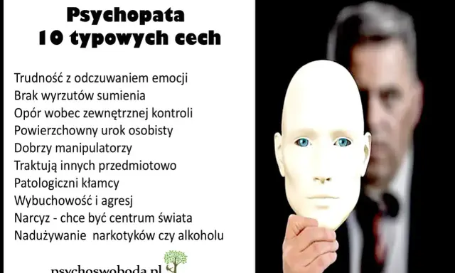 Maska ukrywająca osobowość psychopatyczną. Lista 10 cech: brak emocji, manipulacja, narcyzm.