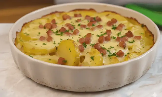 Plat gratiné de pommes de terre, lardons et persil, prêt à déguster. Une délicieuse truffade recette.
