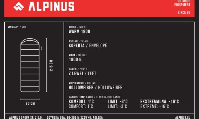 Śpiwór Alpinus Warm 1800, kształt koperty, waga 1800g. Zakres temperatur komfort: 1°C, limit: -3°C. Idealny na chłodne noce.