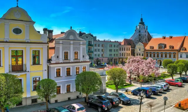 Kolorowy rynek w Kluczborku z zabytkowymi kamieniczkami, kwitnącą magnolią i wieżą kościelną. Kluczbork atrakcje zachwycają.