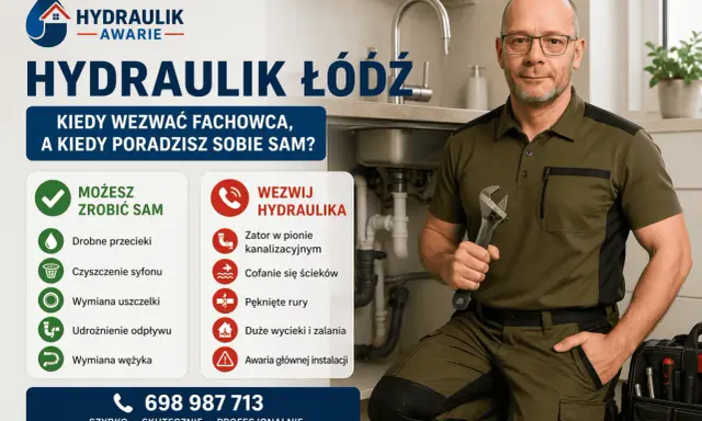 Hydraulik w Łodzi z kluczem w dłoni, obok zlew i instrukcja, kiedy wezwać pomoc, a kiedy naprawić drobne usterki, np. kapiący kran.