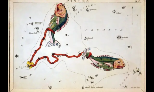 Stara mapa gwiazd przedstawia konstelację Ryb, symbolizującą horoskop Ryby. Zdrowie i dobre samopoczucie są kluczowe dla tego znaku zodiaku.