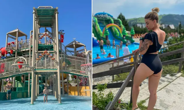 Wodne atrakcje dla dzieci w Zakopanem: kolorowe zjeżdżalnie i wodny plac zabaw. Kobieta w czarnym stroju kąpielowym na tle górskiego krajobrazu.