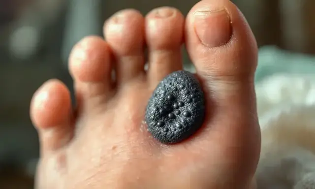 Gros plan sur un pied avec une verrue noire, rugueuse et texturée, parsemée de petits points sombres, posée sur la peau entre les orteils.