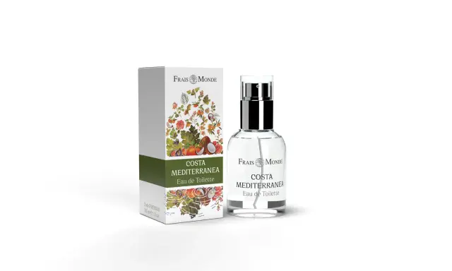 Profumo "Costa Mediterranea" di Frais Monde, con note floreali e fruttate, evoca una passeggiata su una nave lungo la costa mediterranea.