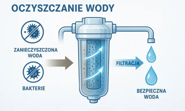 Schemat pokazuje proces uzdatniania wody pitnej. Zanieczyszczona woda z bakteriami przechodzi przez filtr, gdzie następuje filtracja, a na końcu otrzymujemy bezpieczną wodę.
