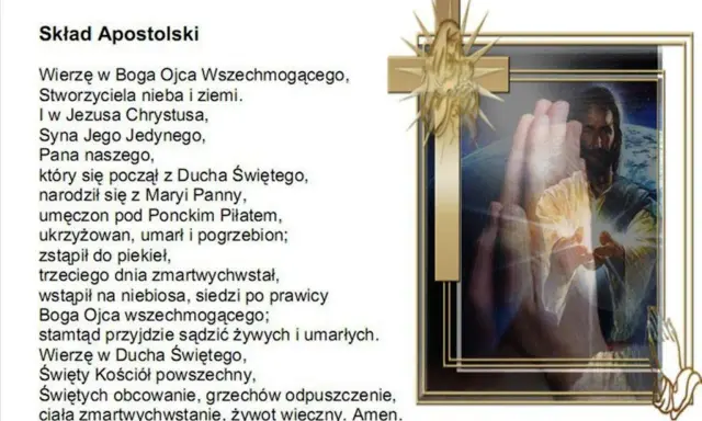 Tekst modlitwy "Wierzę w Boga Ojca Wszechmogącego" z wizerunkiem Jezusa.