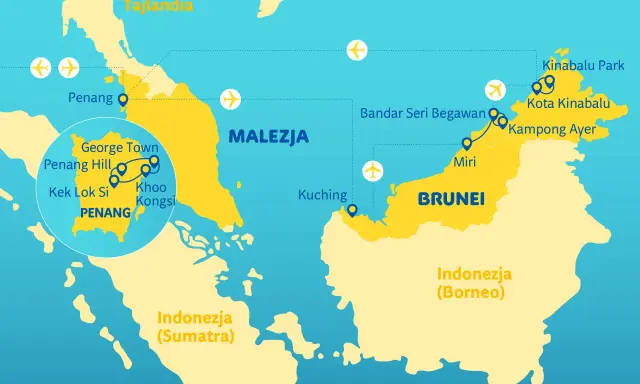 Mapa pokazuje, gdzie leży Malezja, z zaznaczonymi miastami jak Penang, Kuching, Kota Kinabalu, oraz sąsiednimi Tajlandią, Brunei i Indonezją.