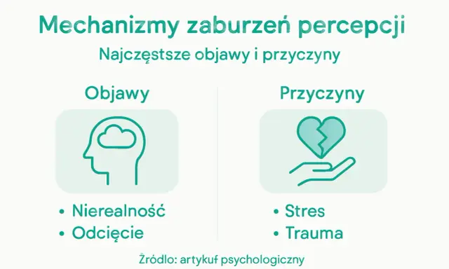 Zaburzenia percepcji: objawy (nierealność, odcięcie) i przyczyny (stres, trauma).