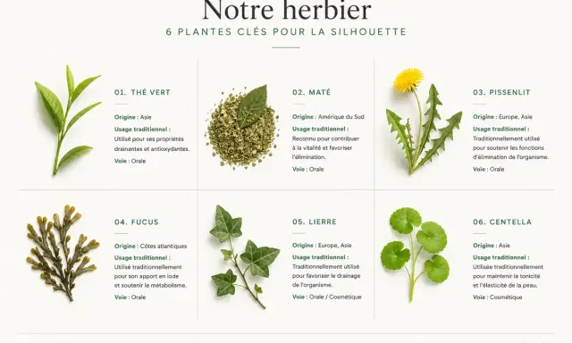 Plantes pour la silhouette : thé vert, maté, pissenlit, fucus, lierre, centella. La phytothérapie pour perdre du poids utilise ces plantes pour leurs bienfaits.
