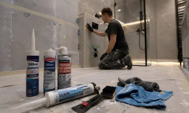 Narzędzia do usuwania silikonu sanitarnego i preparat do rozpuszczania silikonu. W tle mężczyzna pracuje przy łazience.