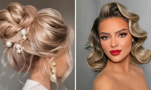 Eleganckie fryzury na wesele jako gość: upięcie z perłami i fale w stylu retro. Idealne inspiracje na ślubną stylizację.