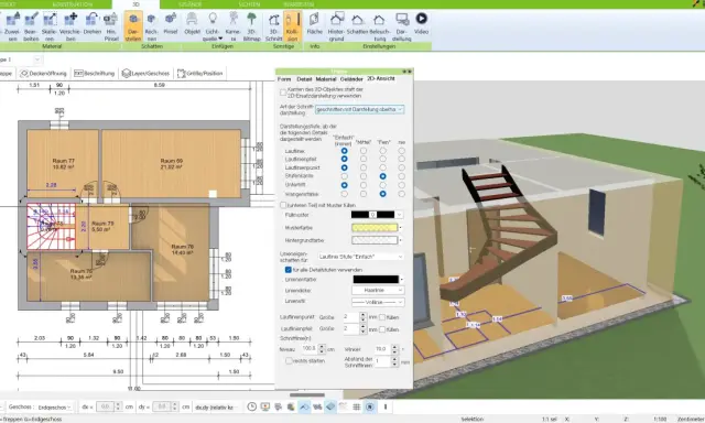 Eine Holztreppe wird in einem 2D-Grundriss und 3D-Modell gezeichnet. Die Einstellungen für die Treppendarstellung sind sichtbar.