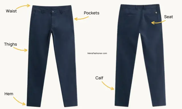 Front and back views of navy blue chino pants, highlighting waist, thighs, pockets, seat, calf, and hem.