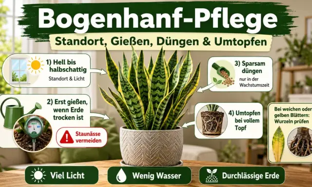 Bogenhanf-Pflege: Heller Standort, Erde trocknen lassen, sparsam düngen, Staunässe vermeiden. Viel Licht, wenig Wasser, durchlässige Erde.