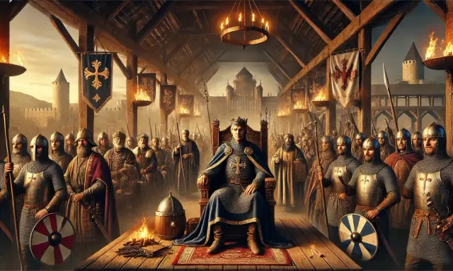 König sitzt auf Thron, umgeben von Kriegern. Die Franken versammeln sich in einer Halle, die von Fackeln und Bannern geschmückt ist.