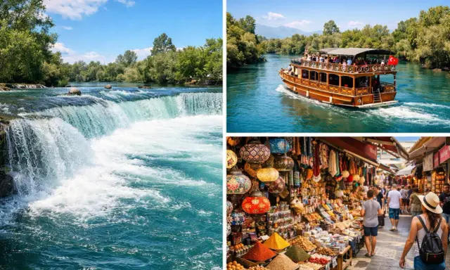 Alanya wodospady, rzeka z łodzią i kolorowy bazar.