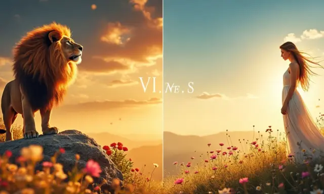 Lion majestueux sur un rocher, symbole mois d'août. À droite, une femme en robe blanche dans un champ de fleurs sous un ciel doré.