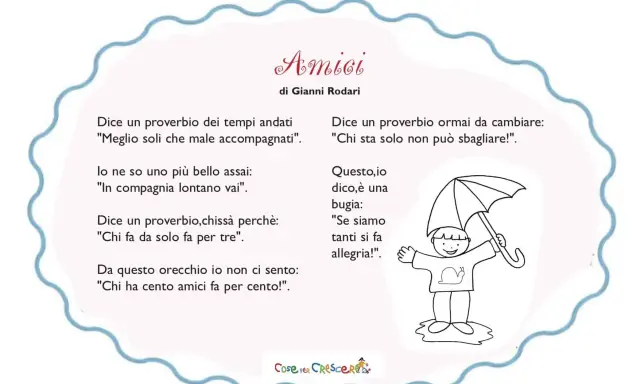 Una poesia sull'amicizia di Gianni Rodari, con un disegno di un bambino sotto l'ombrello. "Chi ha cento amici fa per cento!
