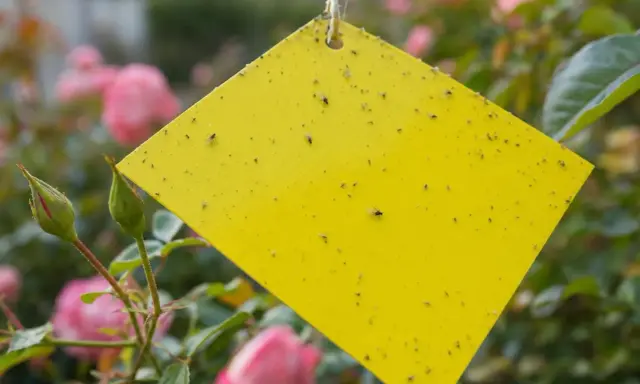 Un piège puceron maison jaune est couvert de petits insectes, suspendu près de roses roses.