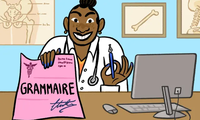 Une doctoresse souriante tient une ordonnance rose "GRAMMAIRE". Peut-être qu'elle prescrit des leçons de français pour améliorer la santé des mots.