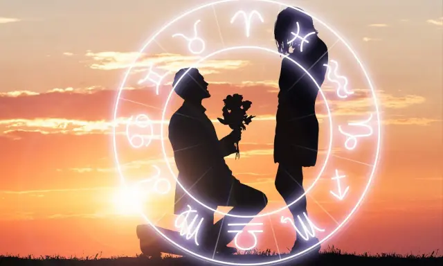 Zodiakalny krąg miłości, gdzie mężczyzna klęczy z bukietem kwiatów, oferując go kobiecie. Idealny horoskop dla samotnych panien szukających swojej drugiej połówki.