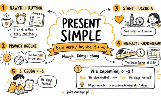 Present Simple: nawyki, prawdy ogólne, stany, rozkłady. Usually jaki czas opisuje rutynę, np. "I drink coffee every morning".