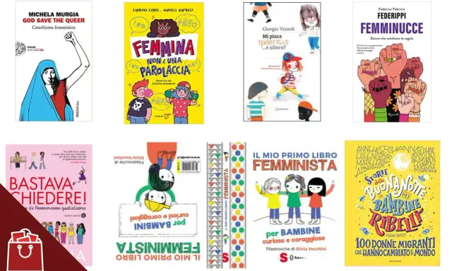 Una raccolta di libri sul femminismo per bambini e adulti, con copertine colorate e messaggi di empowerment.