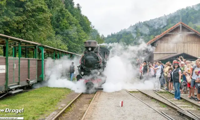 Parowóz z wagonami na tle lasu, tłum ludzi czeka na przejażdżkę. Bieszczady atrakcje dla dzieci to podróż w czasie!